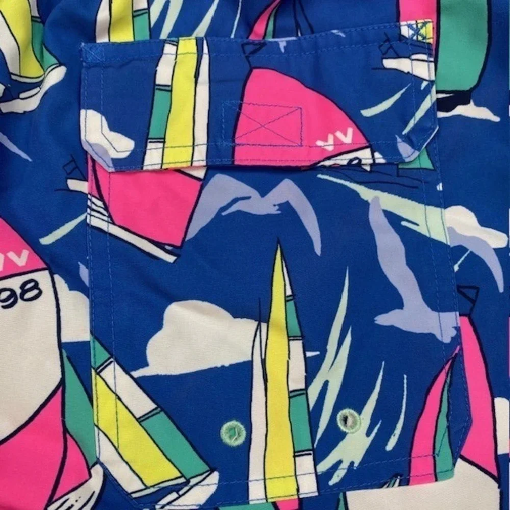Vineyard Vines Mens Sailboat Chappy Swim Trunks Blue Pink 1M001328 XS